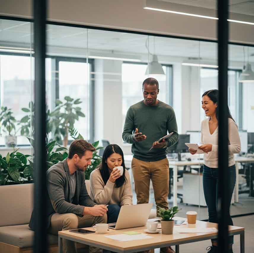Colleagues talking in an open-plan office